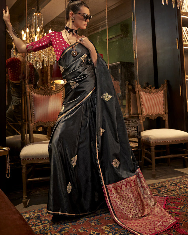 Black Satin Handloom Weaving Saree For Festival