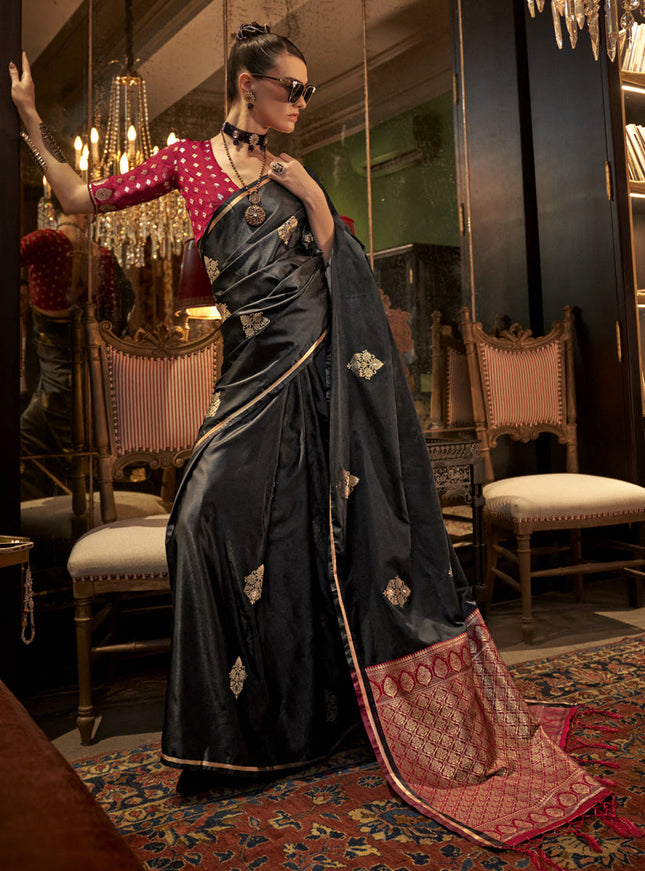 Black Satin Handloom Weaving Saree For Festival