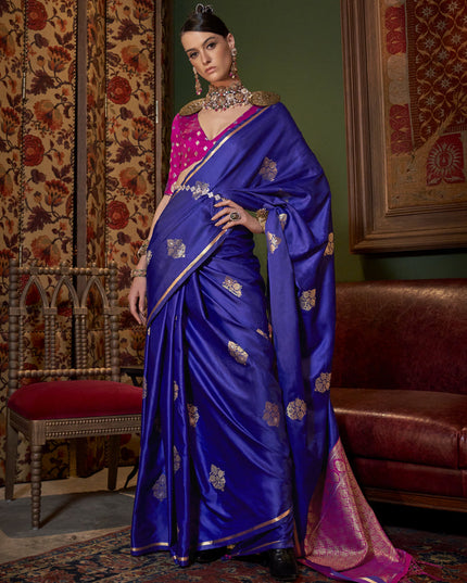 Violet Satin Handloom Weaving Saree For Festival