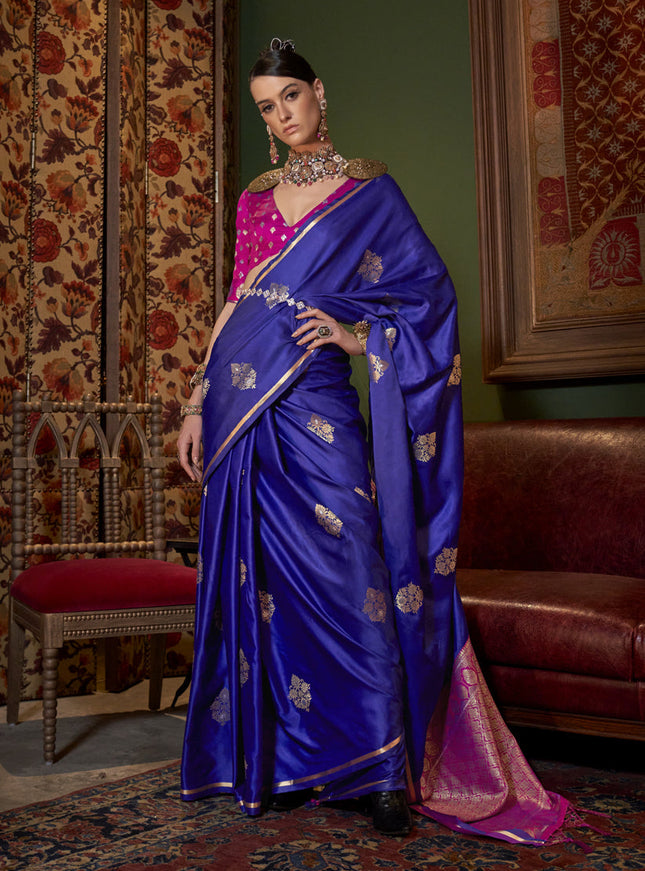 Violet Satin Handloom Weaving Saree For Festival