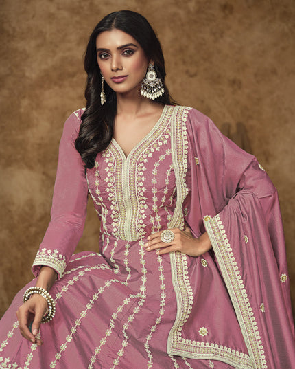 carnation pink dola silk embroidered gown with dupatta