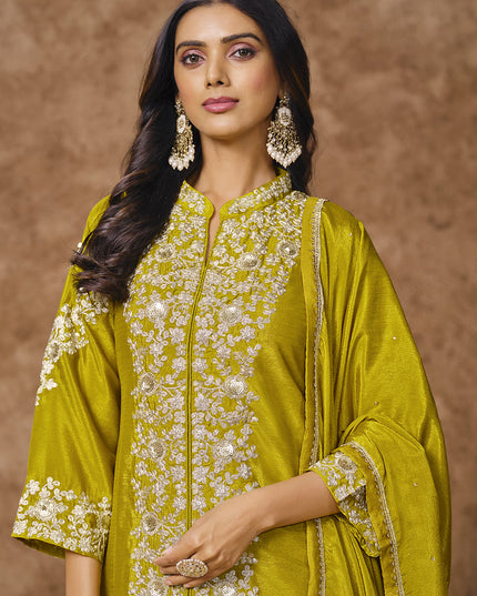 chartreuse green chinnon silk embroidered palazzo kameez