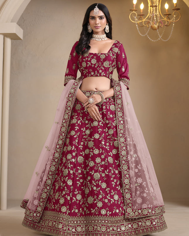 raspberry pink art silk embroidered lehenga choli