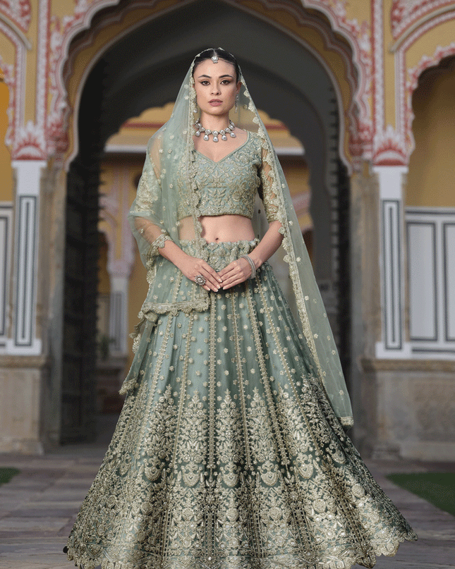 Sage Green Net Embroidered Lehenga Choli