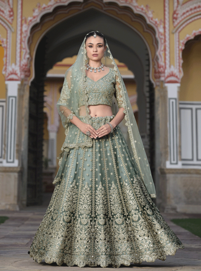 Sage Green Net Embroidered Lehenga Choli