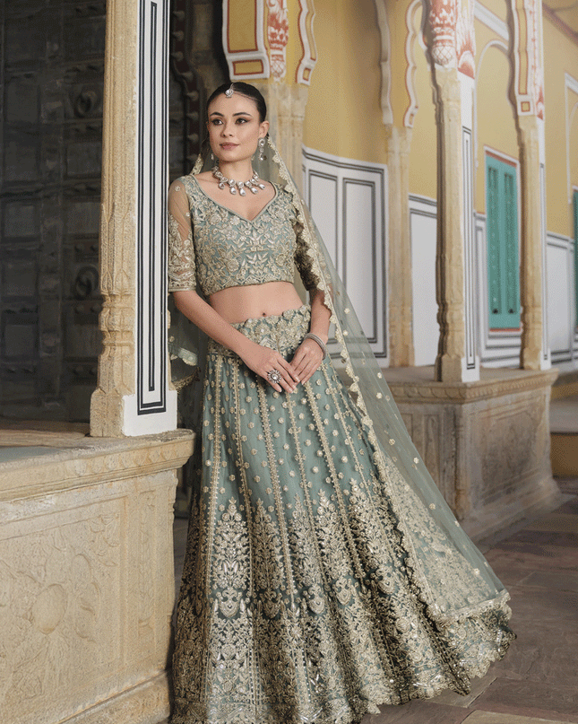 Sage Green Net Embroidered Lehenga Choli