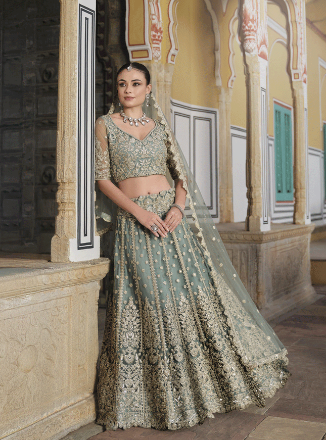 Sage Green Net Embroidered Lehenga Choli