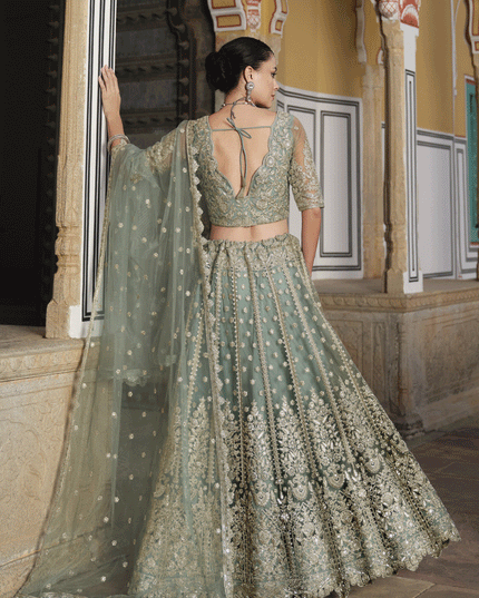 Sage Green Net Embroidered Lehenga Choli