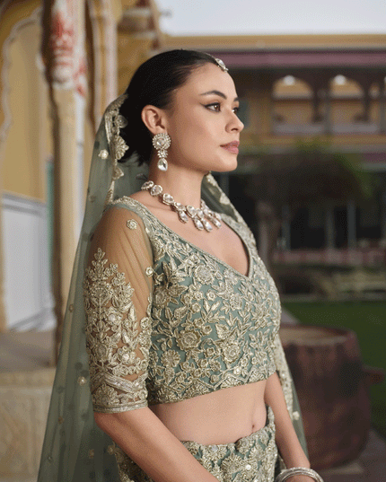 Sage Green Net Embroidered Lehenga Choli