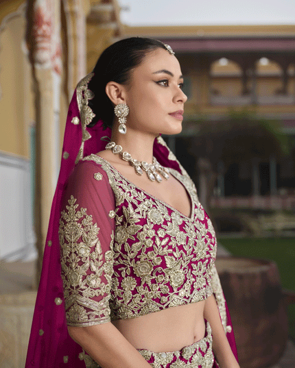 Raspberry Pink Net Embroidered Lehenga Choli