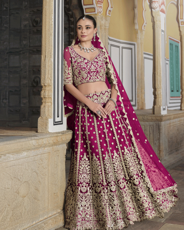 Raspberry Pink Net Embroidered Lehenga Choli