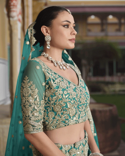 Rama Green Net Embroidered Lehenga Choli