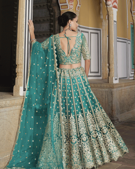 Rama Green Net Embroidered Lehenga Choli