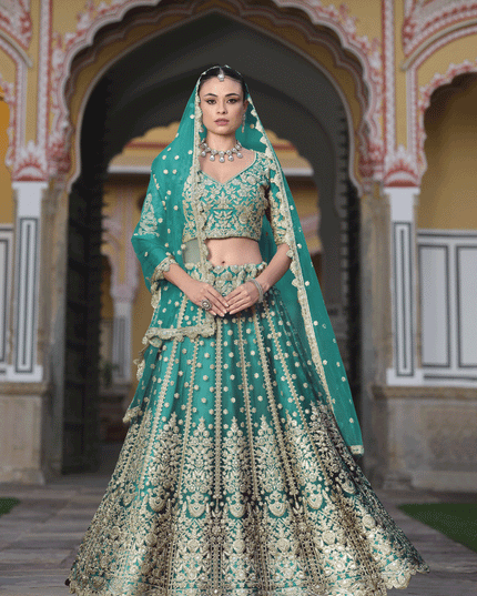 Rama Green Net Embroidered Lehenga Choli