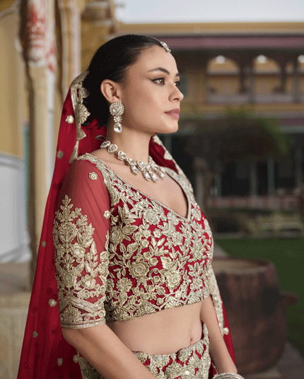 Cherry Red Net Embroidered Lehenga Choli