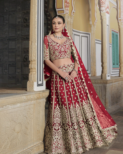 Cherry Red Net Embroidered Lehenga Choli