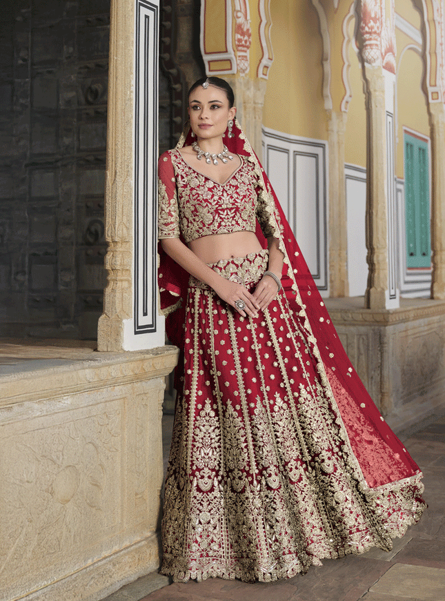 Cherry Red Net Embroidered Lehenga Choli