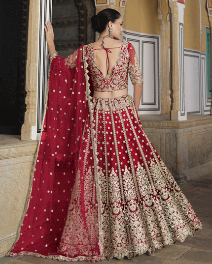 Cherry Red Net Embroidered Lehenga Choli