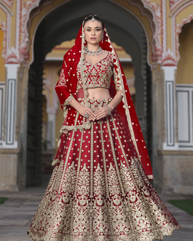 Cherry Red Net Embroidered Lehenga Choli