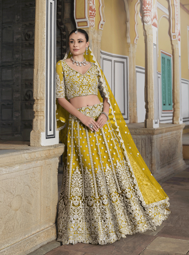 Lemon Yellow Net Embroidered Lehenga Choli