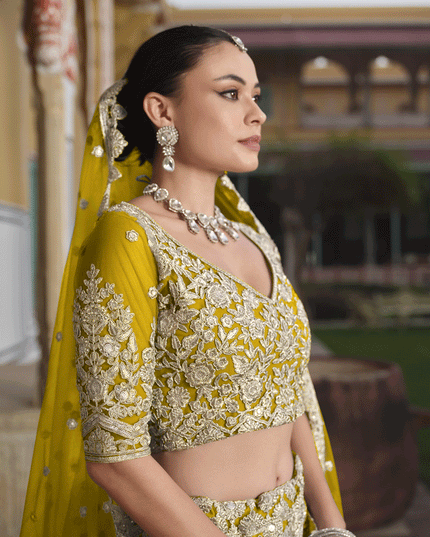 Lemon Yellow Net Embroidered Lehenga Choli