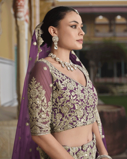 Burgundy Net Embroidered Lehenga Choli