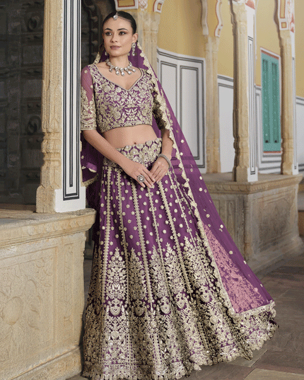 Burgundy Net Embroidered Lehenga Choli
