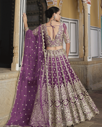 Burgundy Net Embroidered Lehenga Choli