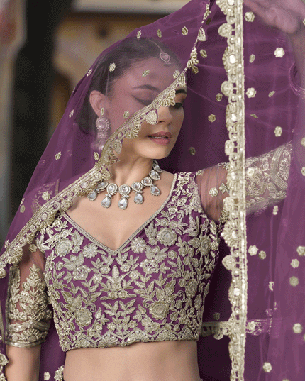 Burgundy Net Embroidered Lehenga Choli