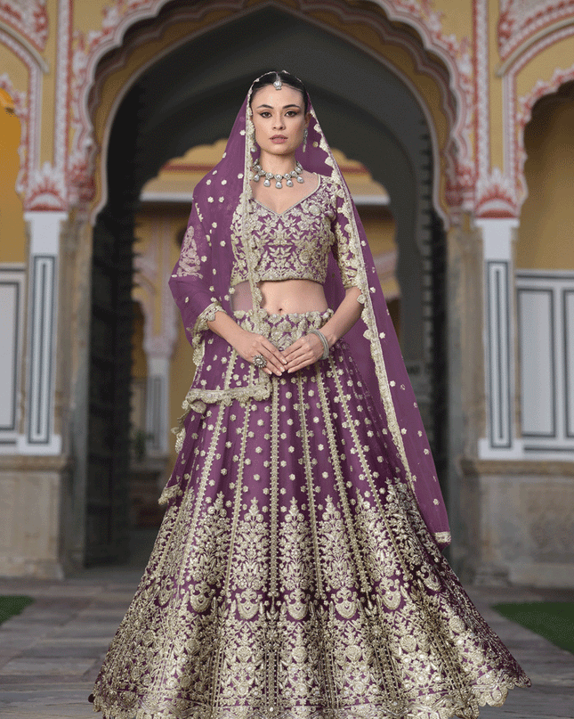 Burgundy Net Embroidered Lehenga Choli