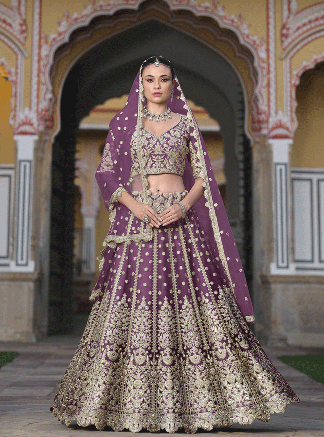 Burgundy Net Embroidered Lehenga Choli