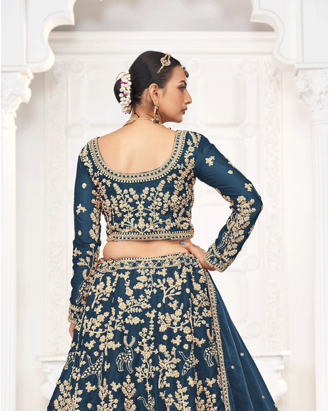 Prussian Blue Tissue Organza Embroidered Designer Lehenga Set Choli