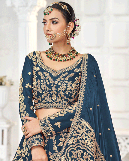 Prussian Blue Tissue Organza Embroidered Designer Lehenga Set Choli