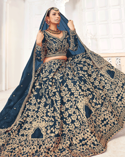 Prussian Blue Tissue Organza Embroidered Designer Lehenga Set Choli