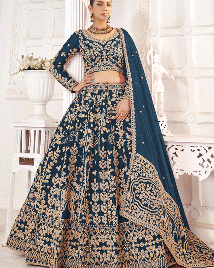 Prussian Blue Tissue Organza Embroidered Designer Lehenga Set Choli
