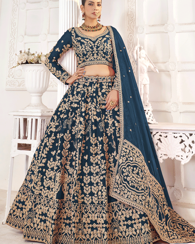 Prussian Blue Tissue Organza Embroidered Designer Lehenga Set Choli