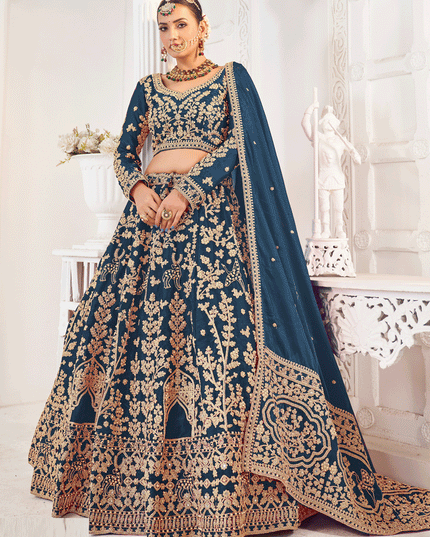 Prussian Blue Tissue Organza Embroidered Designer Lehenga Set Choli