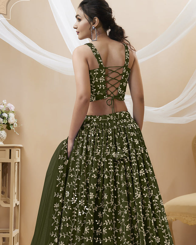 Mehendi Green Georgette Embroidered Wedding Lehenga Choli