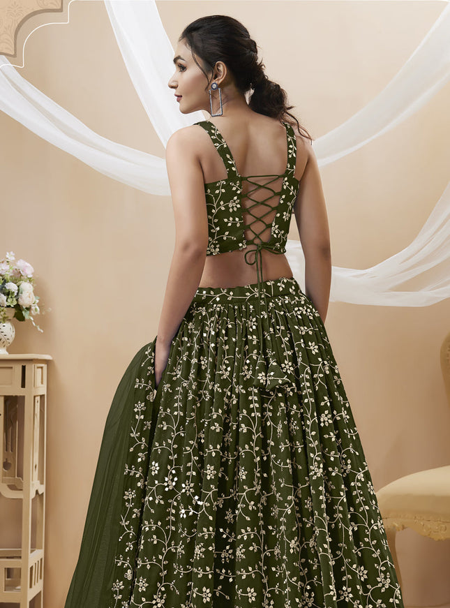 Mehendi Green Georgette Embroidered Wedding Lehenga Choli