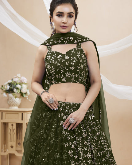 Mehendi Green Georgette Embroidered Wedding Lehenga Choli