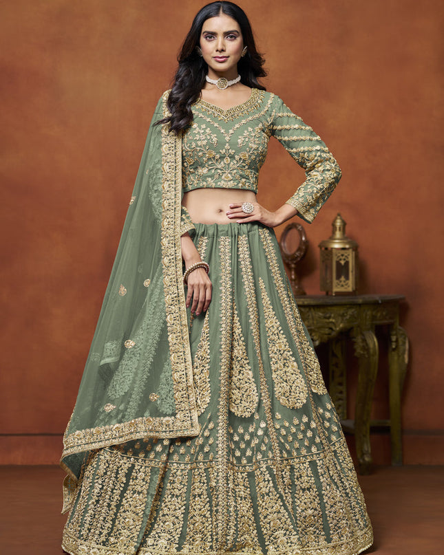 sage green net embroidered lehenga choli for wedding