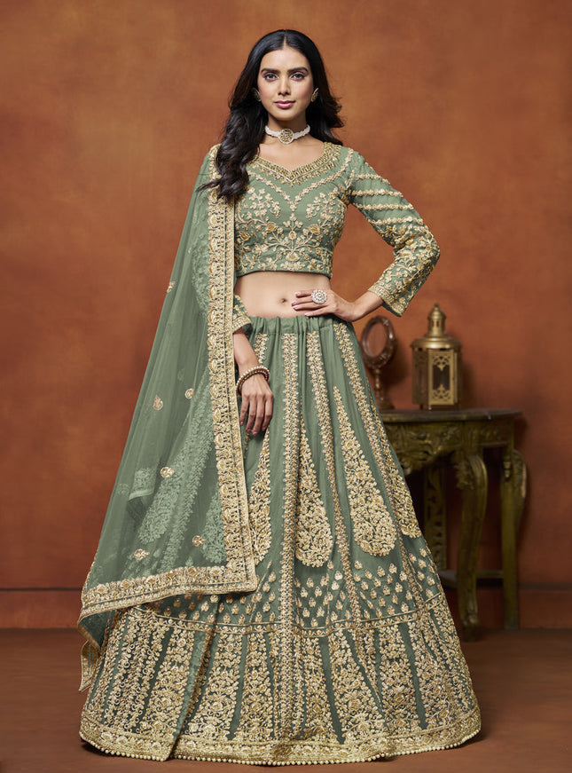 sage green net embroidered lehenga choli for wedding