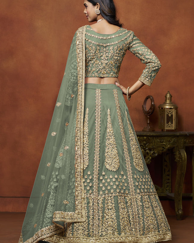 sage green net embroidered lehenga choli for wedding