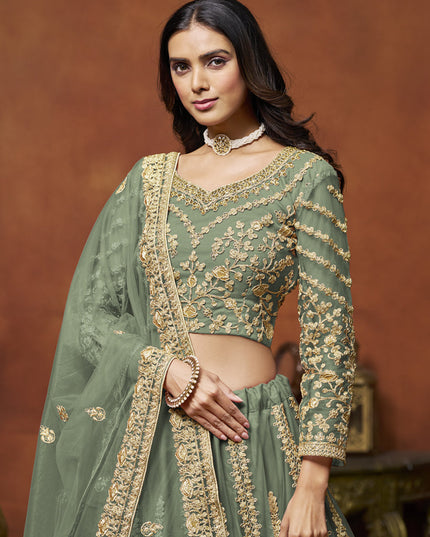 sage green net embroidered lehenga choli for wedding