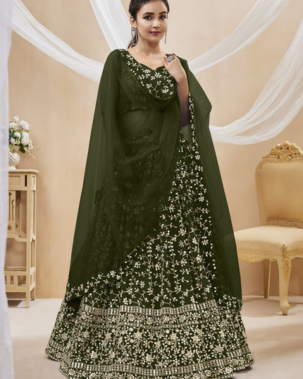 Mehendi Green Georgette Embroidered Wedding Lehenga Choli