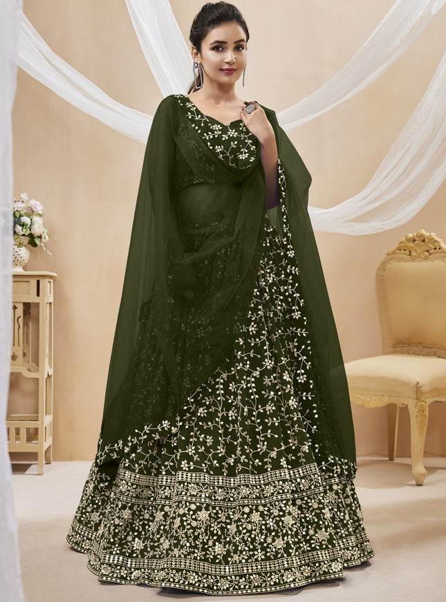 Mehendi Green Georgette Embroidered Wedding Lehenga Choli