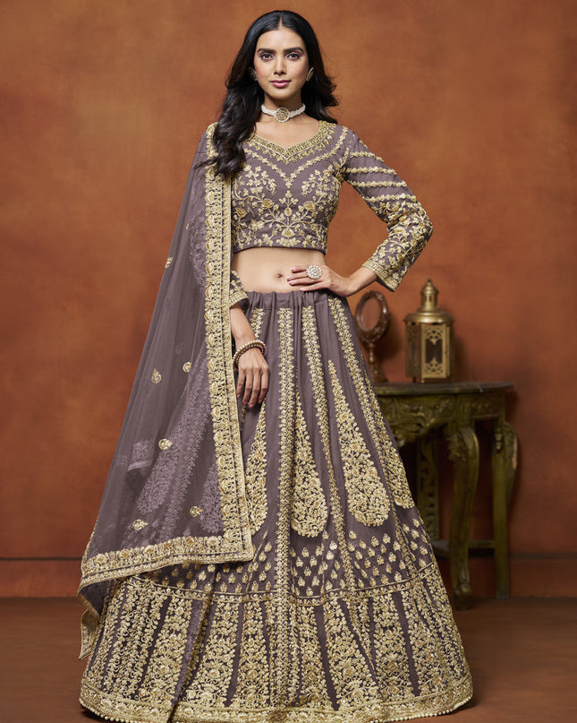 dusty grey net embroidered lehenga choli for wedding