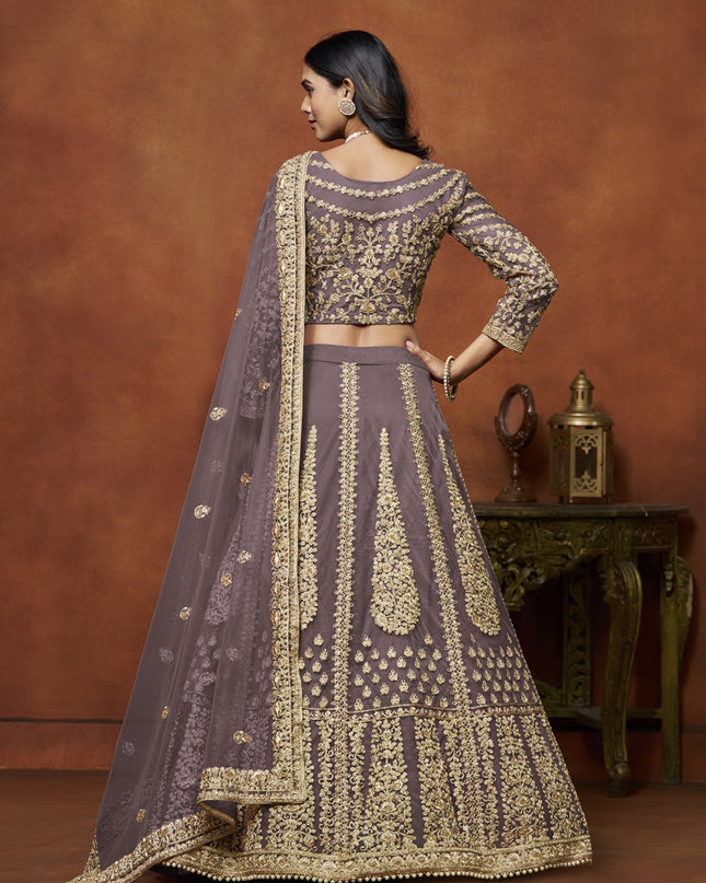 dusty grey net embroidered lehenga choli for wedding
