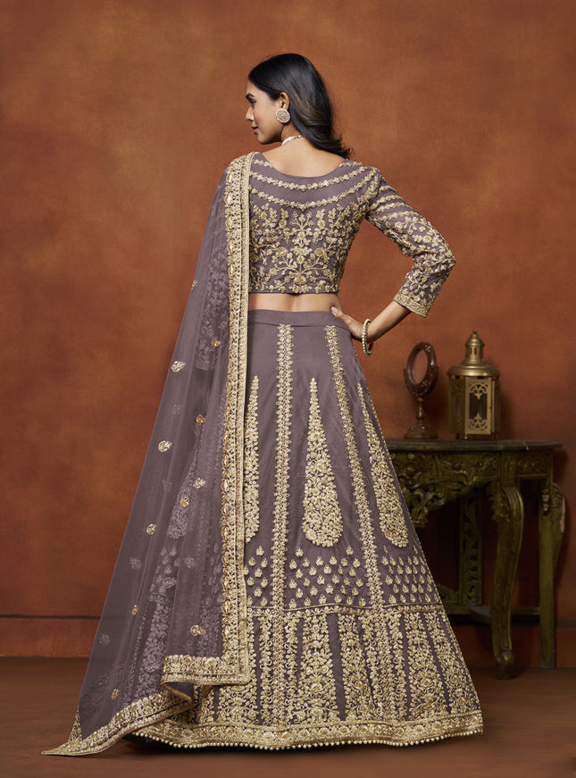 dusty grey net embroidered lehenga choli for wedding