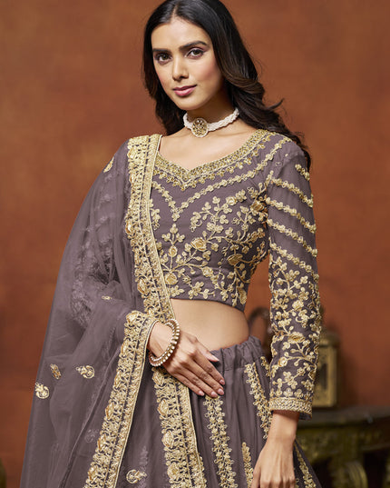 dusty grey net embroidered lehenga choli for wedding